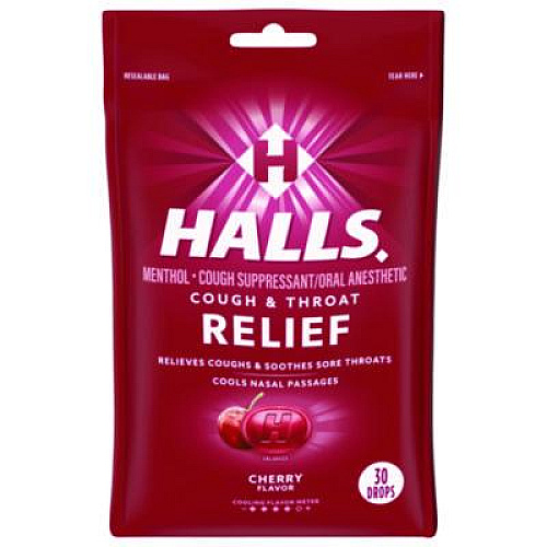 HALLS Triple Action Cough Drops, Cherry, 30/Bag, 12 Bags/Box (27499)
