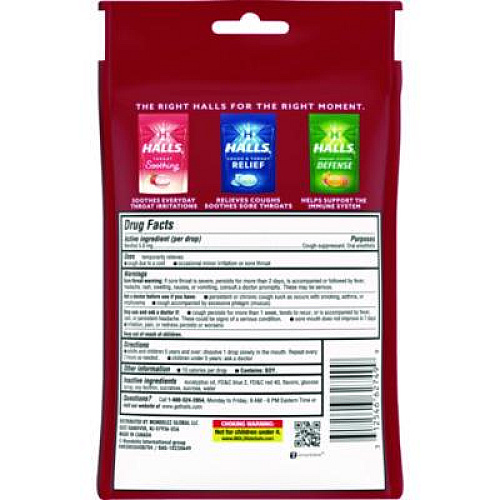 HALLS Triple Action Cough Drops, Cherry, 30/Bag, 12 Bags/Box (27499)