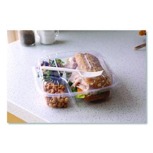 Eco-Products Renewable and Compostable Clear Clamshell Hinged Food Containers, 3 Compartments, 8 x 8 x 3, Plastic, 80/Pack, 2 Packs/Carton (EPLC83)