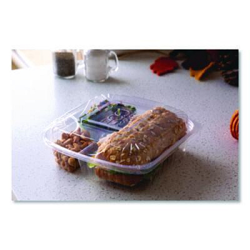 Eco-Products Renewable and Compostable Clear Clamshell Hinged Food Containers, 3 Compartments, 8 x 8 x 3, Plastic, 80/Pack, 2 Packs/Carton (EPLC83)