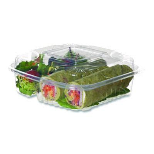 Eco-Products Renewable and Compostable Clear Clamshell Hinged Food Containers, 3 Compartments, 8 x 8 x 3, Plastic, 80/Pack, 2 Packs/Carton (EPLC83)