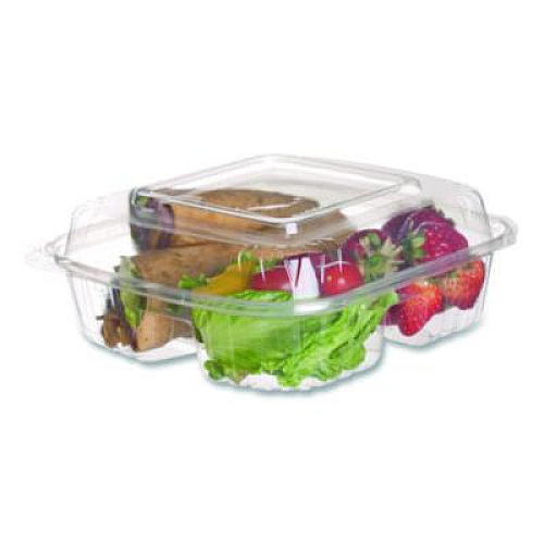 Eco-Products Renewable and Compostable Clear Clamshell Hinged Food Containers, 3 Compartments, 8 x 8 x 3, Plastic, 80/Pack, 2 Packs/Carton (EPLC83)