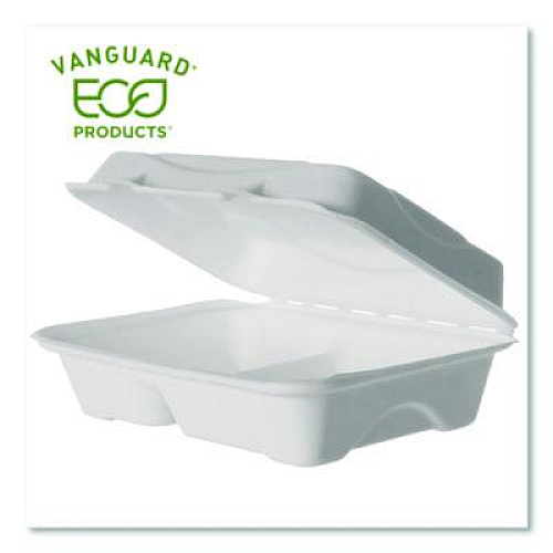 Eco-Products Vanguard Renewable and Compostable Sugarcane Clamshells, 3 Compartments, 9 x 6 x 3, White, 250/Carton (EPB002NFA)