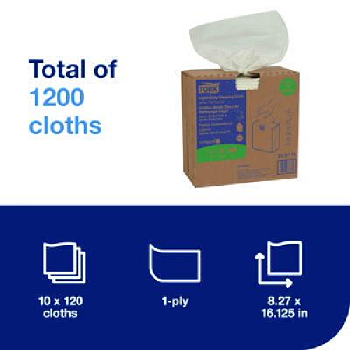 Tork Light Duty Cleaning Cloth Pop Up Box, 1-Ply, 8.3 x 16.1, White, 120 Cloths/Pack, 10 Packs/Carton (500176)