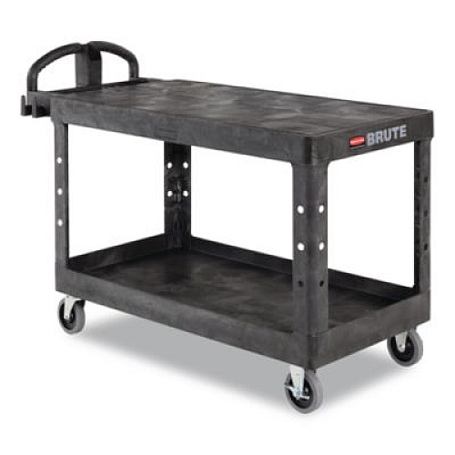 Rubbermaid Commercial Heavy-Duty Utility Cart with Flat Shelves, Plastic, 2 Shelves, 500 lb Capacity, 25.25" x 54" x 36", Black (4545BLA)