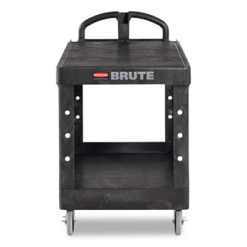 Rubbermaid Commercial Heavy-Duty Utility Cart with Flat Shelves, Plastic, 2 Shelves, 500 lb Capacity, 25.25" x 54" x 36", Black (4545BLA)