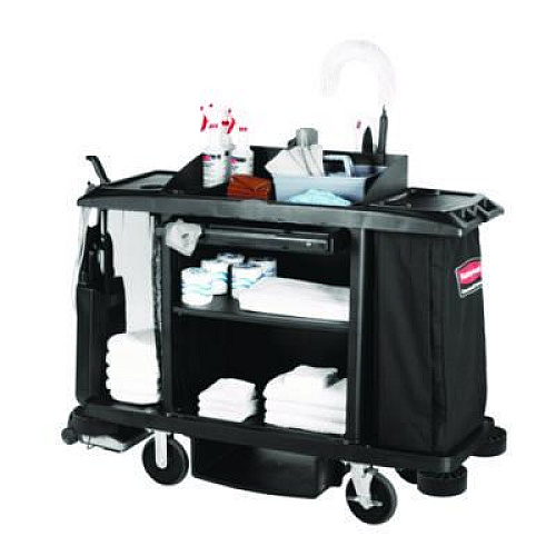 Rubbermaid Commercial Housekeeping Cart, Plastic, 3 Shelves, 2 Bins, 22" x 60" x 50", Black (FG618900BLA)
