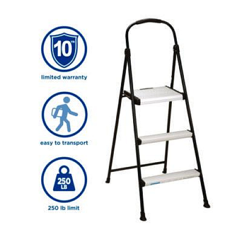 COSCO 3-Step Stepstool, 250 lb, 28.75" Tall, 28.35" Spread, Black/Silver (11425ABK1E)