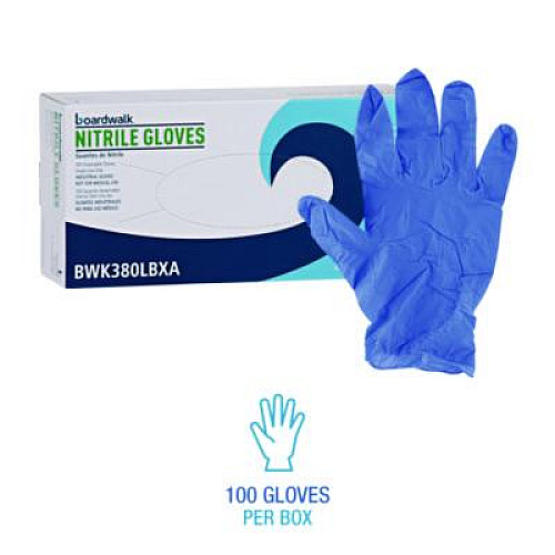 Boardwalk 380 Series Disposable General-Purpose Nitrile Gloves, Powder-Free, Large, 4 mil Thick, 9.5" Long, Blue, 100/Box (380LBXA)