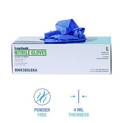 Boardwalk 380 Series Disposable General-Purpose Nitrile Gloves, Powder-Free, Large, 4 mil Thick, 9.5" Long, Blue, 100/Box (380LBXA)