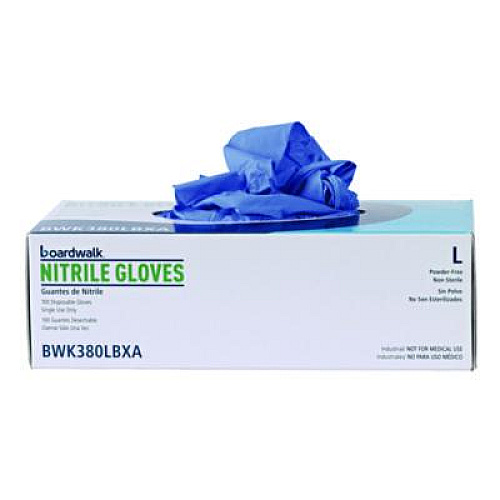 Boardwalk 380 Series Disposable General-Purpose Nitrile Gloves, Powder-Free, Large, 4 mil Thick, 9.5" Long, Blue, 100/Box (380LBXA)