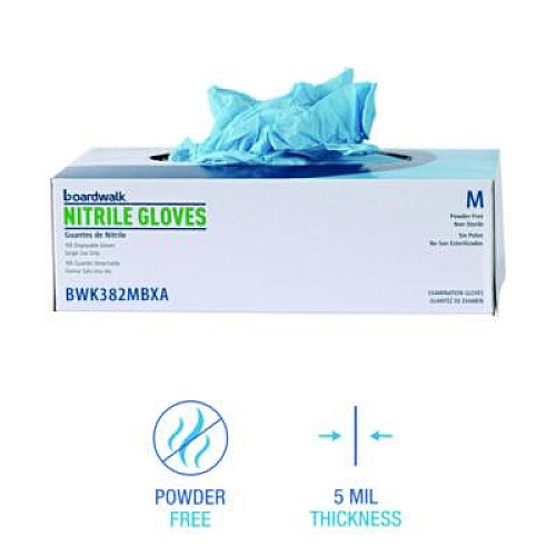 Boardwalk Disposable Examination Nitrile Gloves, Powder-Free, Medium, 5 mil Thick, 9.5" Long, Blue, 100/Box, 10 Boxes/Carton (382MCTA)