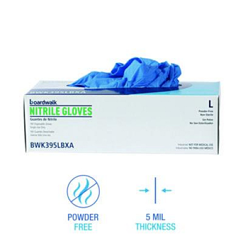 Boardwalk 395 Series Disposable General-Purpose Nitrile Gloves, Powder-Free, Large, 5 mil Thick, 9.5" Long, Blue, 100/Box (395LBXA)