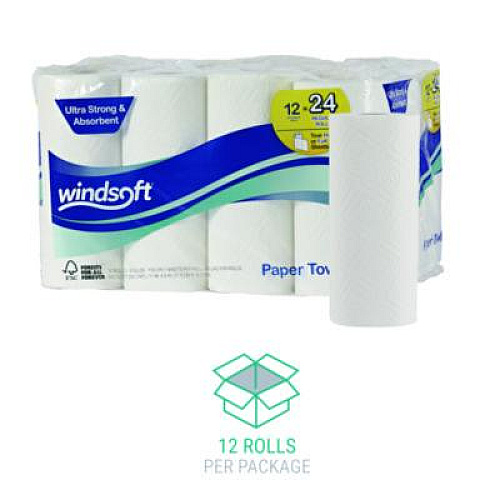 Windsoft Premium Kitchen Roll Towels, 2-Ply, 11 x 6, White, 110/Roll, 12 Rolls/Carton (12216)