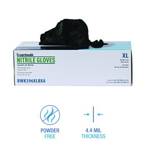 Boardwalk 396 Series Disposable General-Purpose Nitrile Gloves, Powder-Free, X-Large, 4.4 mil Thick, 9.5" Long, Black, 100/BX, 10 BX/CT (396XLCTA)