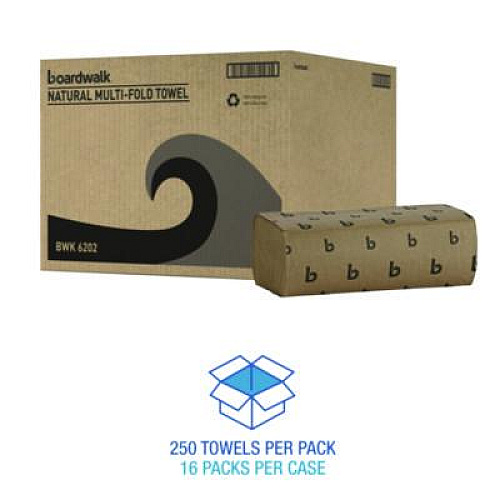 Boardwalk Multifold Paper Towels, 1-Ply, 9 x 9.45, Natural, 250/Pack, 16 Packs/Carton (6202)