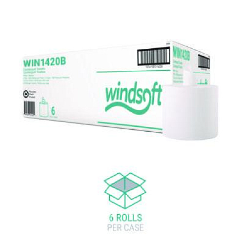 Windsoft Center-Flow Perforated Paper Towel Roll, 7.3 x 15, White, 6 Rolls/Carton (1420B)