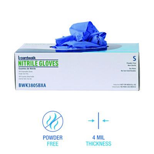 Boardwalk 380 Series Disposable General-Purpose Nitrile Gloves, Powder-Free, Small, 4 mil Thick, 9.5" Long, Blue, 100/Box (380SBXA)