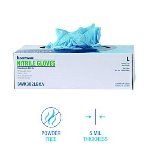 Boardwalk Disposable Examination Nitrile Gloves, Powder-Free, Large, 5 mil Thick, 9.5" Long, Blue, 100/Box (382LBXA)