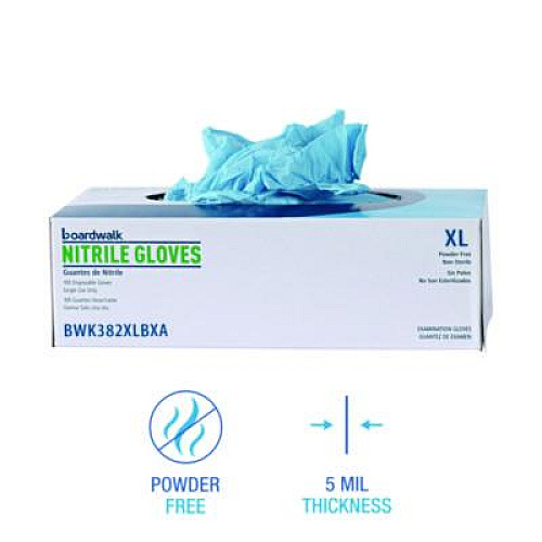 Boardwalk Disposable Examination Nitrile Gloves, Powder-Free, X-Large, 5 mil Thick, 9.5" Long, Blue, 100/Box (382XLBXA)