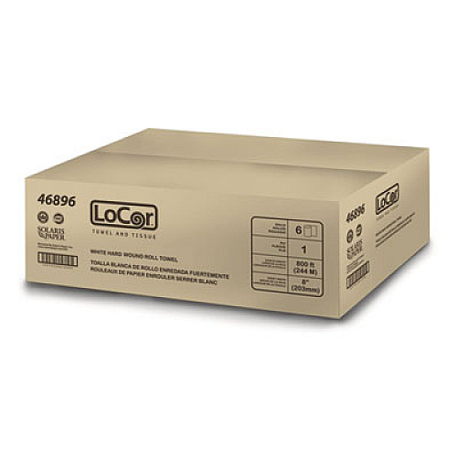 LoCor Hard Wound Roll Towel, 1-Ply, 8" x 800 ft, White, 6 Rolls/Carton (46896)