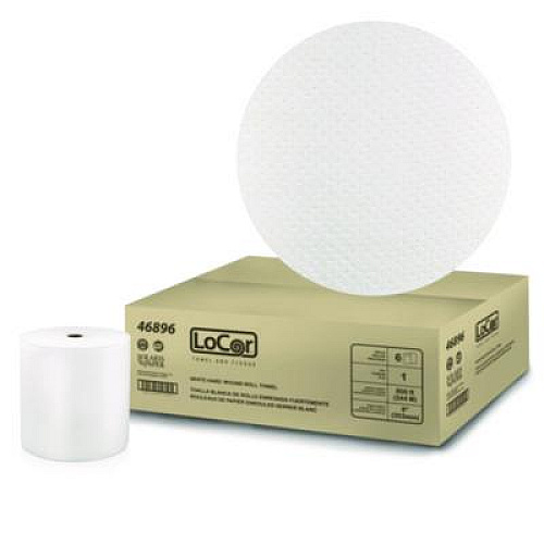 LoCor Hard Wound Roll Towel, 1-Ply, 8" x 800 ft, White, 6 Rolls/Carton (46896)