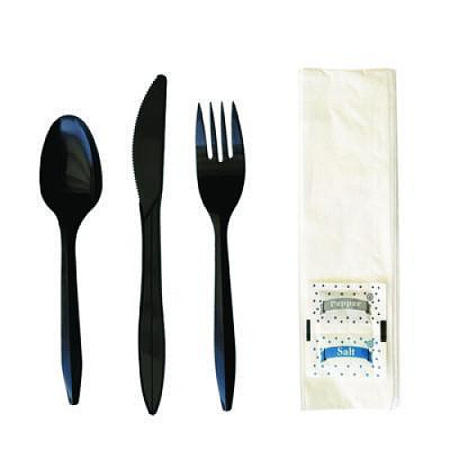 Boardwalk Six-Piece Cutlery Kit, Mediumweight, Fork/Knife/Napkin/Pepper/Salt/Spoon, 5.86", Plastic, Black, 250/Carton (COMBO6KIT)
