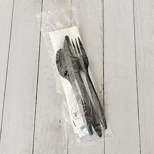 Boardwalk Six-Piece Cutlery Kit, Mediumweight, Fork/Knife/Napkin/Pepper/Salt/Spoon, 5.86", Plastic, Black, 250/Carton (COMBO6KIT)