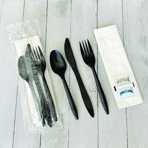 Boardwalk Six-Piece Cutlery Kit, Mediumweight, Fork/Knife/Napkin/Pepper/Salt/Spoon, 5.86", Plastic, Black, 250/Carton (COMBO6KIT)