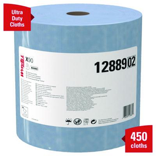 WypAll X90 Cloths, Jumbo Roll, 2-Ply, 12.4 x 12.2, Blue Denim, 450/Roll (12889)
