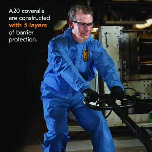 KleenGuard A20 Breathable Particle Protection Coveralls, Zip Front, Hood, Elastic Back, Wrists, Ankles, 3X-Large, Blue, 20/Carton (58516)
