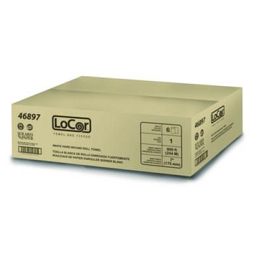 LoCor Hard Wound Roll Towel, 1-Ply, 7" x 800 ft, White, 6 Rolls/Carton (46897)