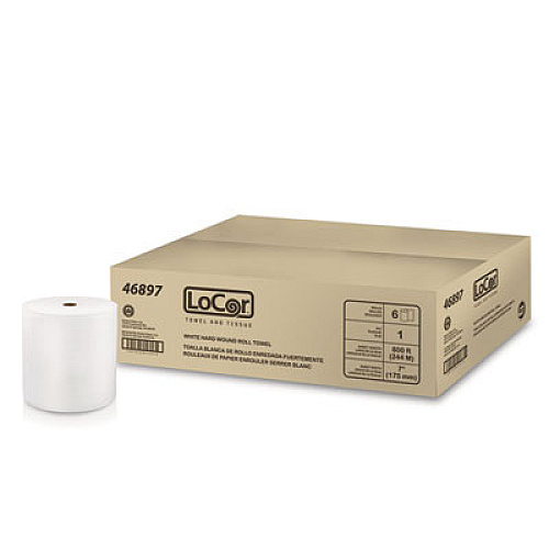 LoCor Hard Wound Roll Towel, 1-Ply, 7" x 800 ft, White, 6 Rolls/Carton (46897)
