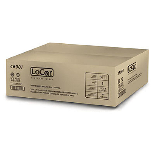 LoCor Hard Wound Roll Towel, 1-Ply, 8" x 1,000 ft, White, 6 Rolls/Carton (46901)