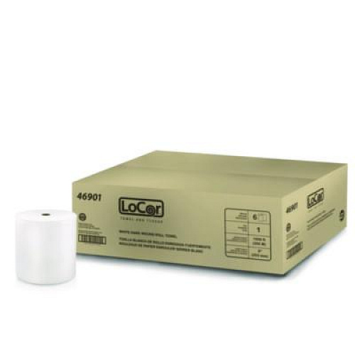 LoCor Hard Wound Roll Towel, 1-Ply, 8" x 1,000 ft, White, 6 Rolls/Carton (46901)