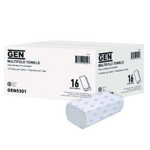 GEN Multifold Towels, 1-Ply, 9.25 x 9.05, White, 250/Pack, 16 Packs/Carton (5301)