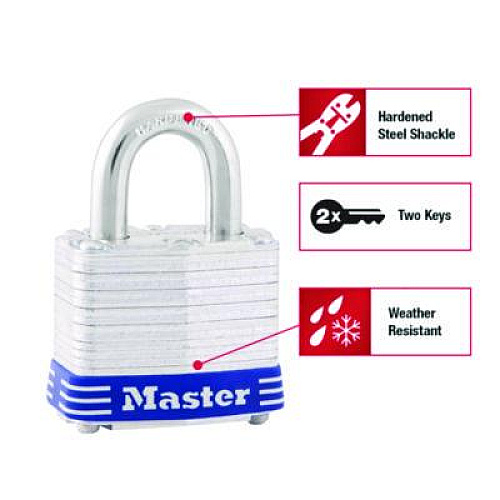 Master Lock Four-Pin Tumbler Lock, Laminated Steel Body, 1.56" Wide, Silver/Blue, 2 Keys (3D)