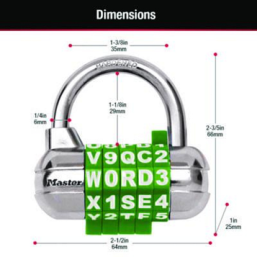 Master Lock Password Plus Combination Lock, Hardened Steel Shackle, 2.5" Wide, Chrome/Assorted (1534D)