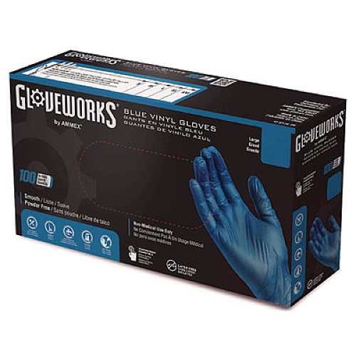 GloveWorks by AMMEX Industrial Vinyl Gloves, Powder-Free, X-Large, 3 mil Thick, 9.5" Long, Blue, 100/Box, 10 Boxes/Carton (IVBPF48100)