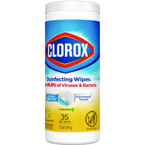 Clorox Disinfecting Wipes, Bleach Free Cleaning Wipes, 1-Ply, 7 x 8, Crisp Lemon, White, 35/Canister, 12 Canisters/Carton (01594CT)