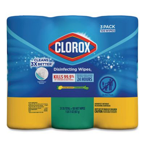 Clorox Disinfecting Wipes, 1-Ply, 7 x 8, (1) Fresh Scent/(2) Crisp Lemon, White, 35/Canister, 3 Canisters/Pack (30112)