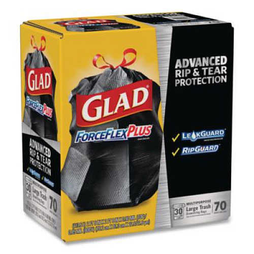 Glad ForceFlexPlus Drawstring Large Trash Bags, 30 gal, 1.05 mil, 30" x 32", Black, 70/Box (70358)