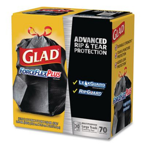 Glad ForceFlexPlus Drawstring Large Trash Bags, 30 gal, 1.05 mil, 30" x 32", Black, 70/Box (70358)