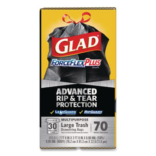 Glad ForceFlexPlus Drawstring Large Trash Bags, 30 gal, 1.05 mil, 30" x 32", Black, 70/Box (70358)