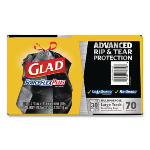 Glad ForceFlexPlus Drawstring Large Trash Bags, 30 gal, 1.05 mil, 30" x 32", Black, 70/Box (70358)