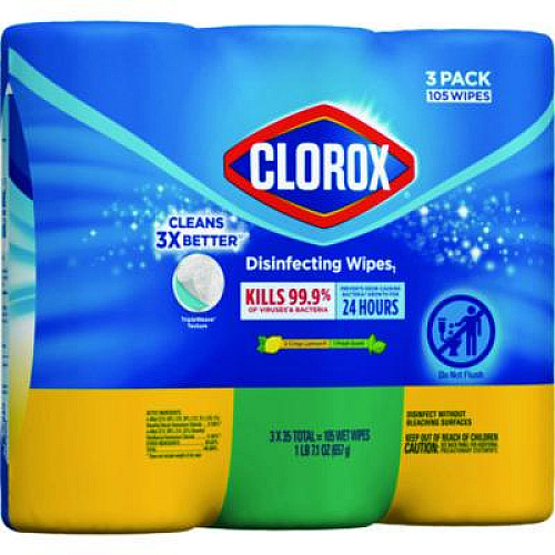 Clorox Disinfecting Wipes, 1-Ply, 7 x 8, (1) Fresh Scent/(2) Crisp Lemon, White, 35/Canister, 3 Canisters/Pack (30112)