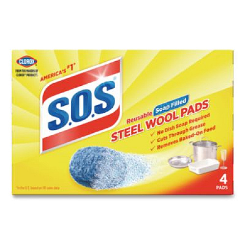 S.O.S. Steel Wool Soap Pads, Steel, 4/Box, 24 Boxes/Carton (98041)