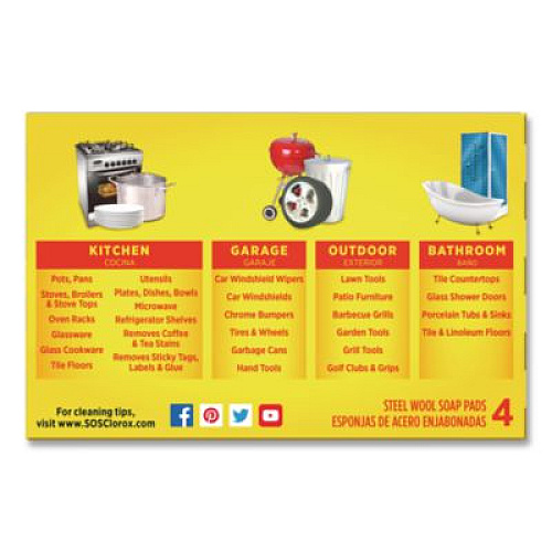 S.O.S. Steel Wool Soap Pads, Steel, 4/Box, 24 Boxes/Carton (98041)