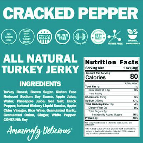 Field Trip Turkey Jerky, Cracked Pepper Turkey, 1 oz Bag, 12 Bags/Carton (FLD00508)