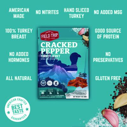 Field Trip Turkey Jerky, Cracked Pepper Turkey, 1 oz Bag, 12 Bags/Carton (FLD00508)